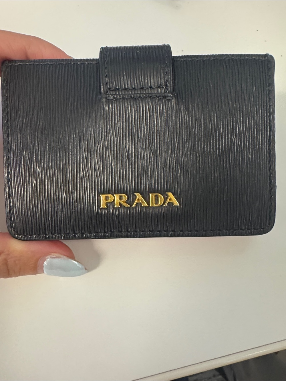 Prada Black Textured Leather Card & Key Holder with Gold Logo